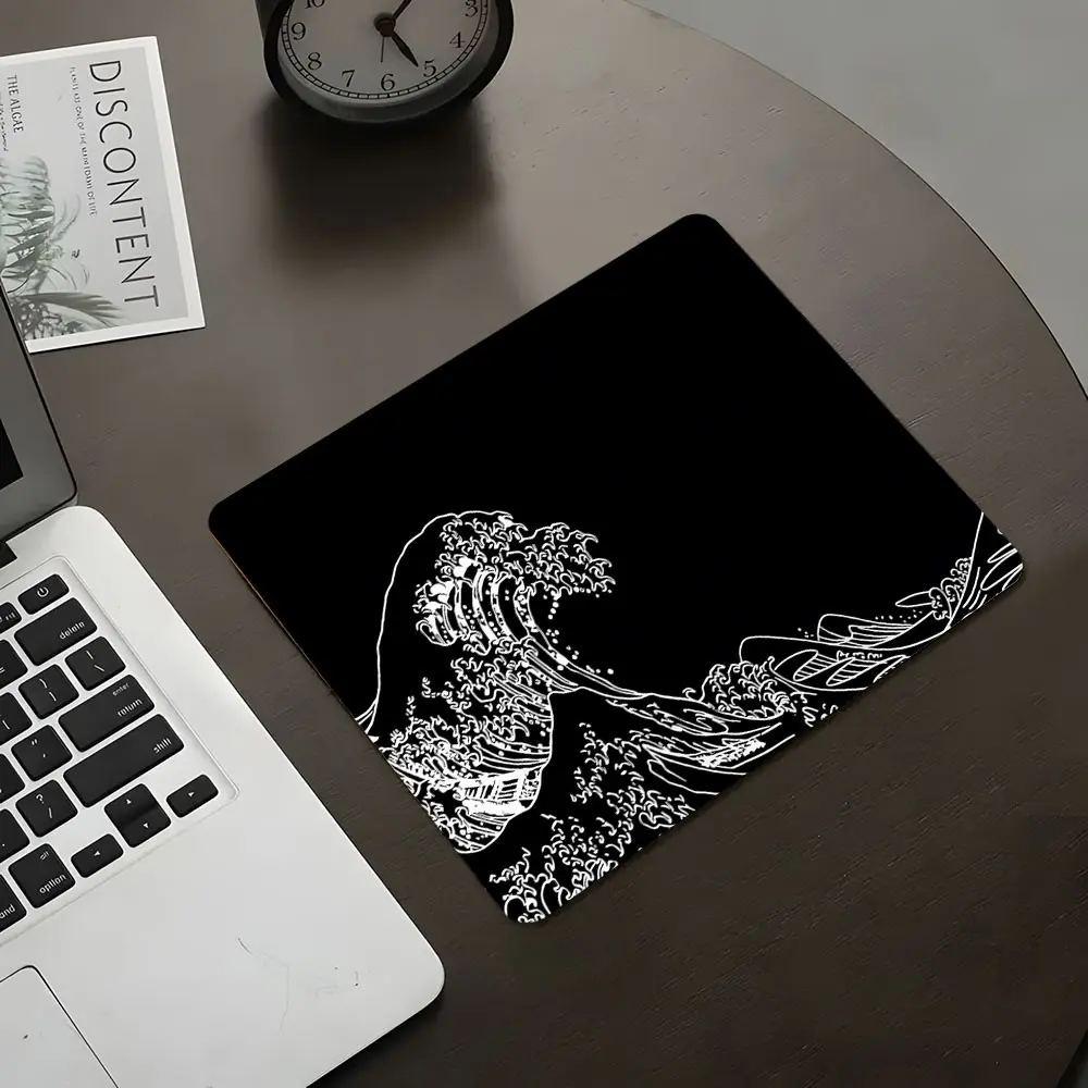 Black and white Japanese Kanagawa surfing art design square gaming Non Slip Computer Mouse Pad, Non Slip Mousepad, rubber anti-slip edge waterproof pad, Desktop Accessory, suitable for office, school, a gift for family and friends