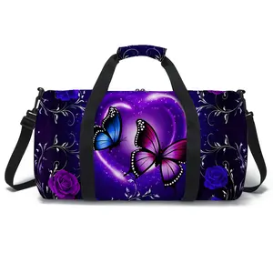 A travel bag with a blue and purple butterfly design, spacious and equipped with an adjustable shoulder strap, suitable for all genders, making it a perfect choice for the back-to-school season