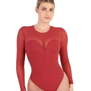 Popilush Sheer Mesh Long Sleeve Thong Shapewear Bodysuit  Crewneck Fabric -LIVE