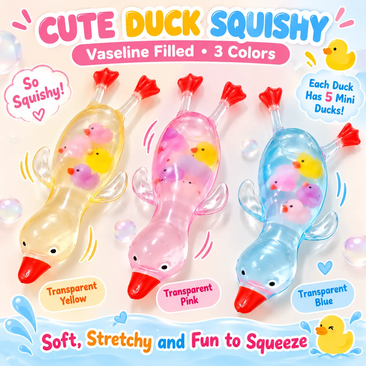 Lying Duck Vas-Jelly Squishy Toy, 17cm Soft Transparent, Squeeze Sensory Fidget Toy, Stress Relief Desk Toy & Gift