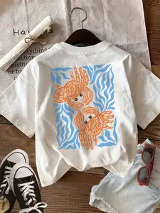 Ocean Crabs & Seaweed Fresh Cottagecore White T-Shirt | Casual Coastal Streetwear Top | Premium Cotton Fabric | Soft Nautical Folk Art Aesthetic | Relaxed Oversized Fit | Eye-Catching Crab Print | Versatile Daily Wear | Perfect for Beach/Boho Style Fans