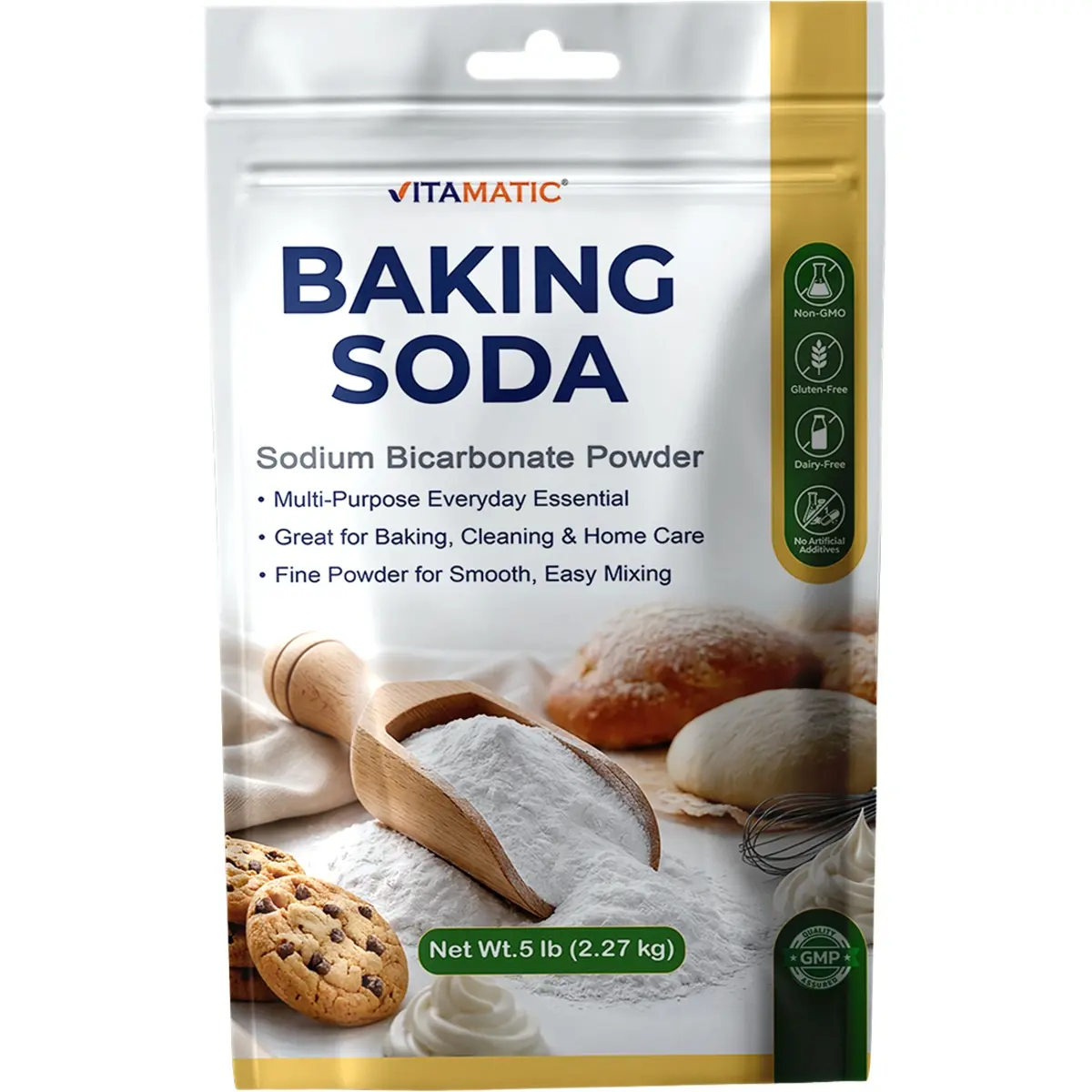 Vitamatic Powder Baking Soda, 5 lb (2.27 kg) Sodium Bicarbonate Fine Powder - GMO-Free, Easy Mixing, No Artificial Additives, Adult-Friendly Multi-Purpose for Baking, Cleaning & Home Care, Gluten Free
