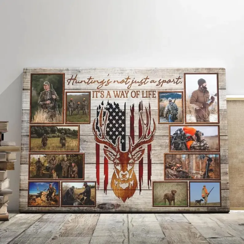 Personalized Hunting Wall Art, Rustic American Flag Deer Decor, Gift For Dad