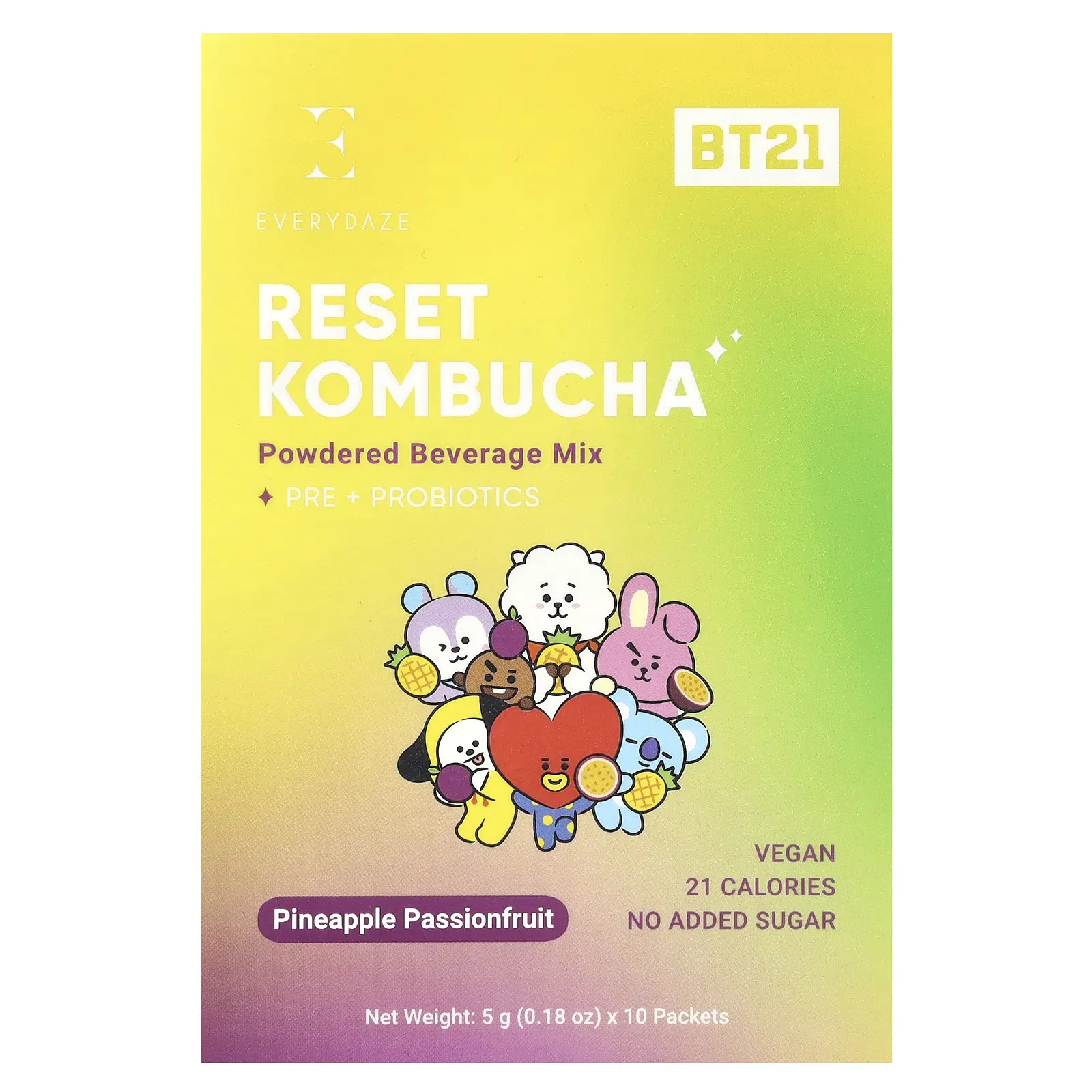 Everydaze Reset Kombucha, Powdered Beverage Mix, Pineapple Passionfruit, 10 Packets, 0.18 oz (5 g) Each