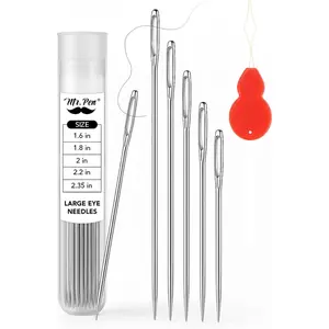 Large Eye Sewing Needles, 50 pcs, 5 Assorted Sizes, Large Gauge Needles with Threader for Hand Sewing, Leather Embroidery, Denim & Canvas