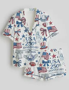 USA 250th Anniversary Pajama Set – Patriotic Short Sleeve Button-Up Sleepwear, Red White Blue Loungewear 1776–2026
