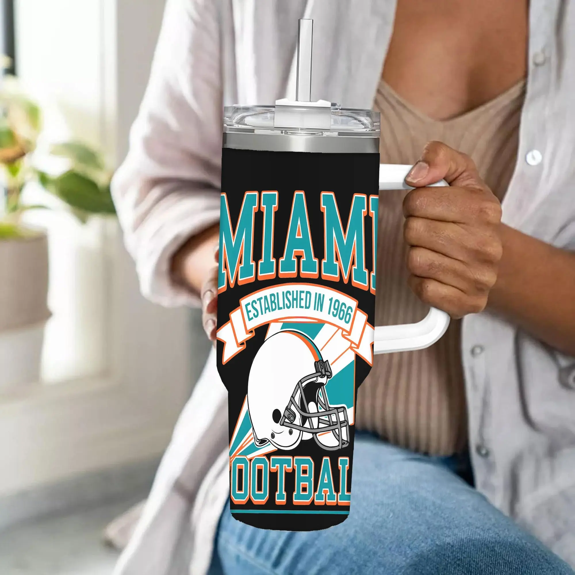 40oz Miami Football Helmet Tumbler - Double Wall Vacuum Insulated Travel Mug with Spill-Proof Lid, Vintage 1966 Established Design, Black & Teal Team Colors, Gift for Dad, Mom, Sports Fans (Christmas, Birthdays, Father's Day), Beverage Container, Retro St