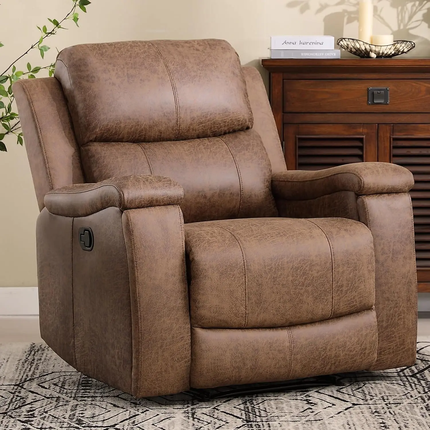 EBELLO Leather Recliner Chair, Classic and Traditional EBELLO Manual Recliner Chair with Overstuffed Arms and Back, Manual Single Sofa with Concealed Cup Holders,Nut Brown