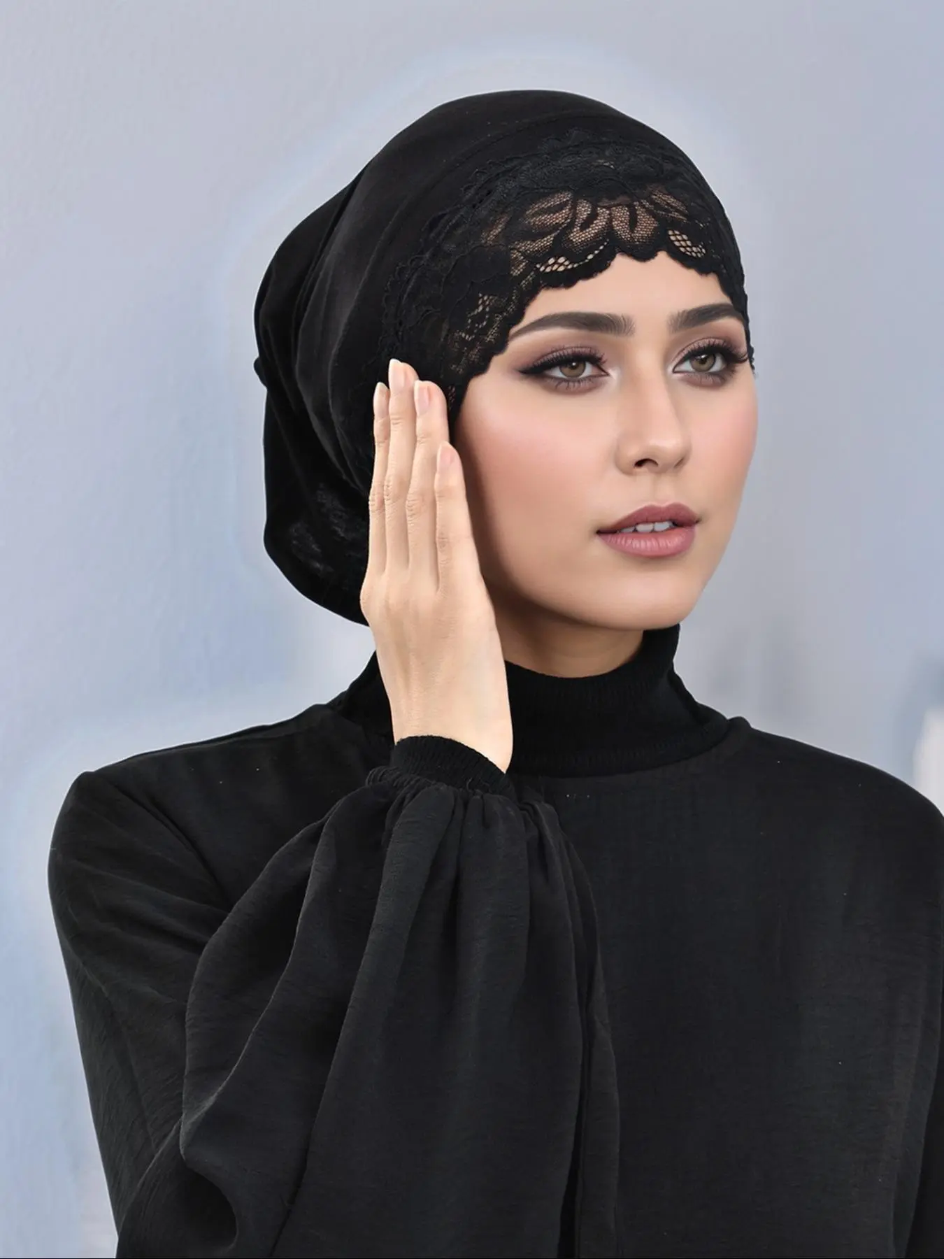 Women's Solid Color Lace Trim Instant Hijab, Modesty Modest Casual Soft Comfortable Hijab for Daily Wear, Chic Fashion Muslim Clothing for Women