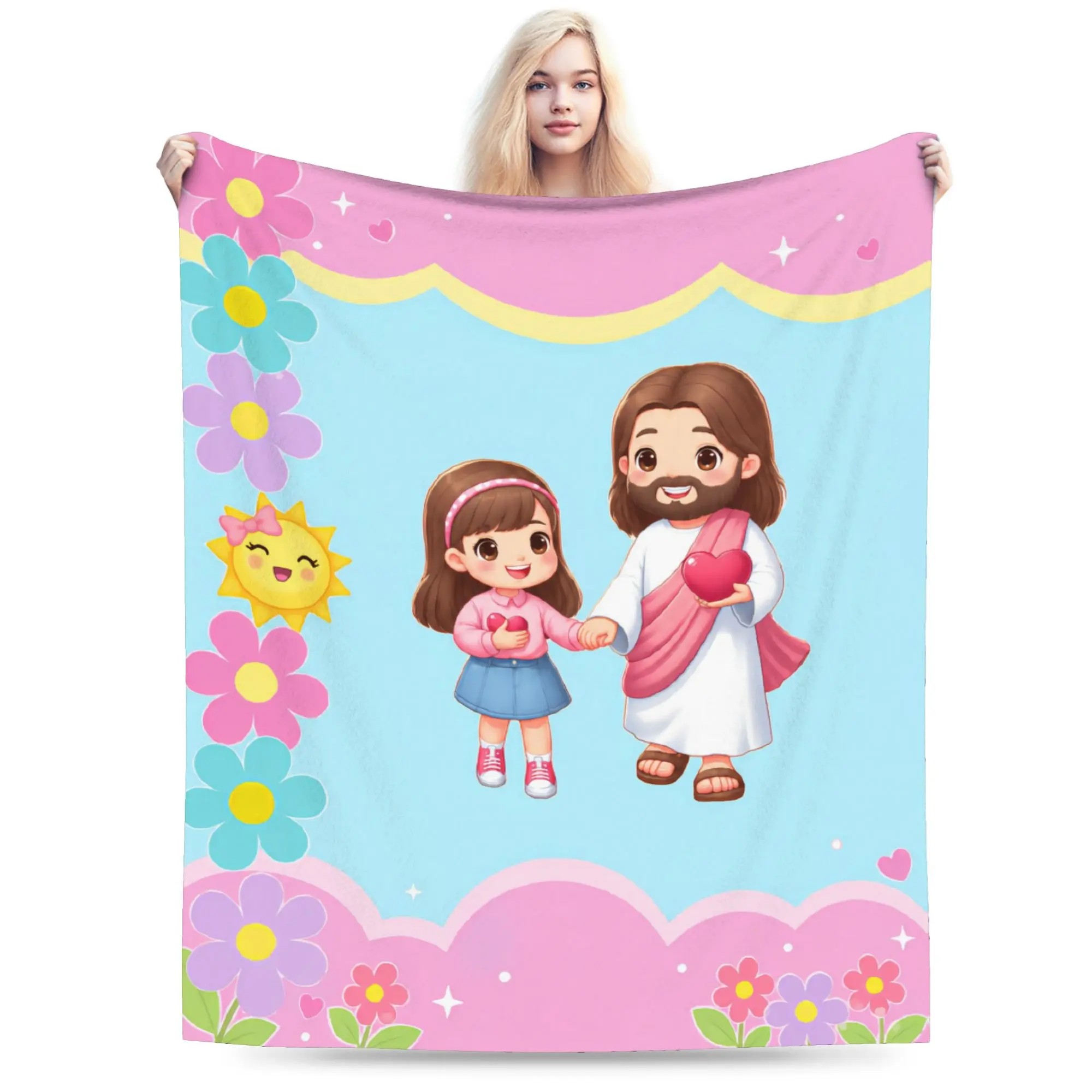Pastel Jesus Love Floral Flannel Blanket Cozy Warm Lightweight Plush Throw Heart Blossom Print Ultra Soft Fuzzy Wrinkle Resistant for Home Prayer Room Church Sofa Bed Gift