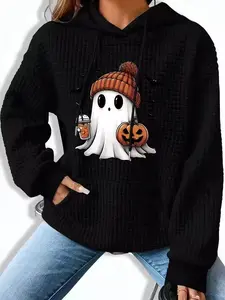 Women's Cute Halloween Ghost Waffle Knit Hoodie Cozy Long Sleeve Hooded Sweatshirt with Kangaroo Pocket, Soft Waffle Fabric Pullover, Perfect for Fall, Halloween Parties