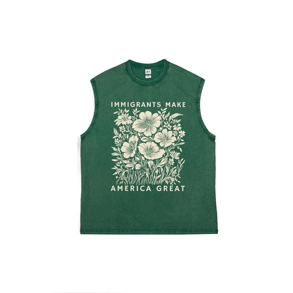 Men's Graphic Tank Top, Vintage Washed 100% Cotton "Immigrants Make America Great" Streetwear, Loose Fit & Breathable, Menswear, Retro