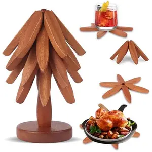 4Pcs Irregular Wooden Tree Coasters Set with 1 Foldable Stand - Sturdy, Anti-Slip, Anti-Scald, Space-Saving, Durable Tableware Hot Dish Holders for Pans & Bowls, Natural Wood Countertop Protector Kitchen Accessory