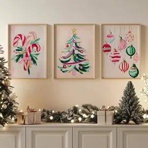 3pcs/set Christmas Tree Candy Cane Canvas Print Poster Pink Xmas Modern Minimalism Art Prints Bedroom Wall Art Home Decor Poster