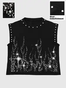 Summer Streetwear Hip-Hop Graphic Flame Rhinestone Sleeveless Vest, Unisex Loose Fit Round Neck Top, Gym and Daily Use, Fashion Versatile