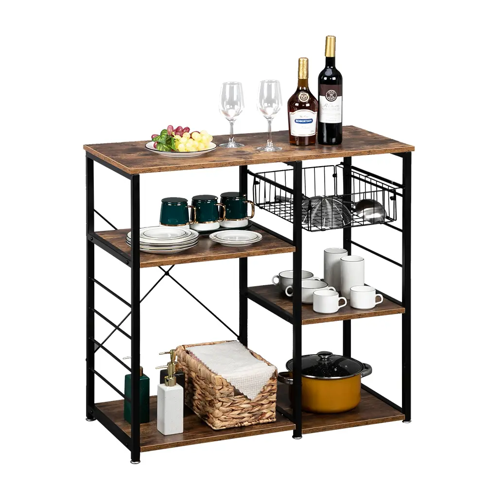 3-Tier Industrial Heavy Duty Kitchen Baker's Rack with Hooks - MDF+Steel Rectangular Vintage Microwave Oven Stand Storage Cart, 35.4" L x 15.7" W x 33" H Workstation Shelf for Spices Utensils, Rustic Brown Black Frame, Single Unit with 1 Lower Basket, 1 X
