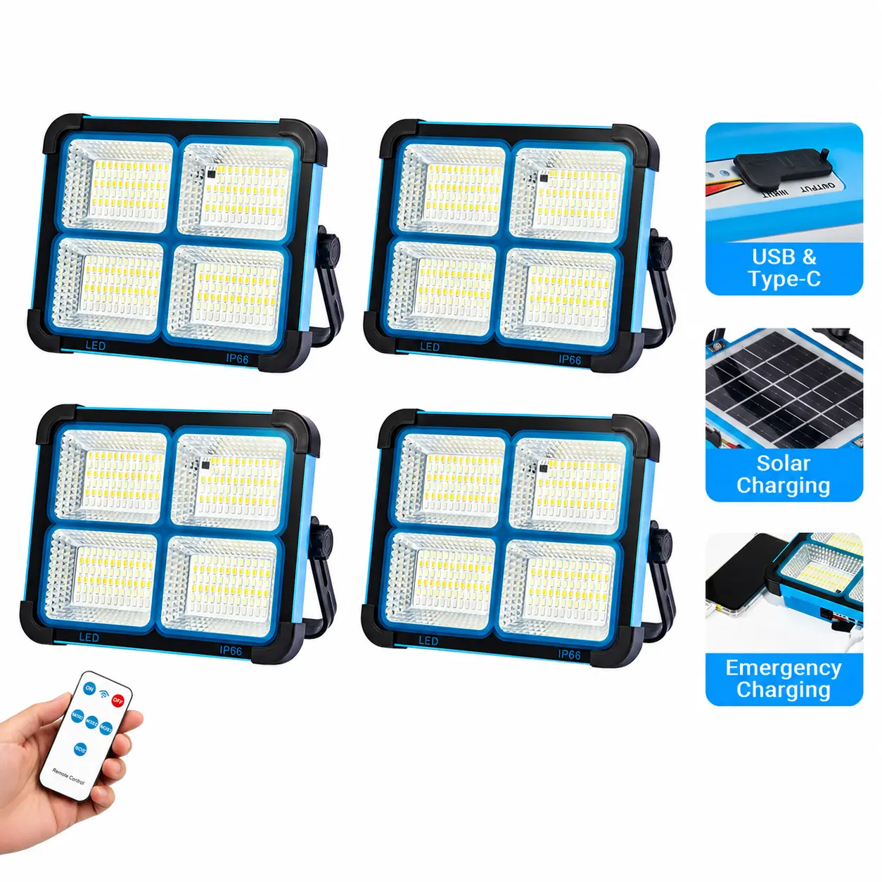 Qawtor 4-Pack Solar Rechargeable LED Flood Lights, 288 Super Bright 5730 LEDs, USB & Type-C Charging, 5 Modes, Waterproof IP66, Magnetic, Emergency SOS Light, Adjustable Stand for Home, Outdoor, Workshop