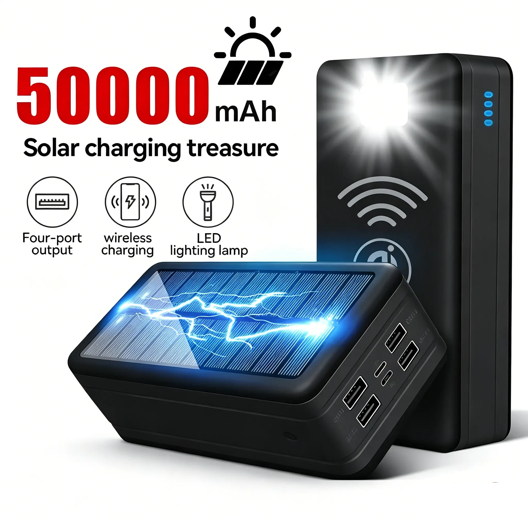 50000mAh Portable Solar Power Bank - 120W Fast Charging, 4-Port Output, Wireless Charging, LED Lamp - for iPhone Samsung - Party Gift, Home Supply On-the-Go Energy Solution