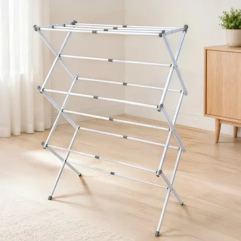 Heavy Duty Foldable Compact Multi-Use Clothes Drying Rack - White Chrome, Portable Space-Saving Universal Home Essential Laundry Accessory, Durable Metal Frame, Freestanding, Easy Mobility, Significant Amount of Clothes Capacity, Indoor-Outdoor Use