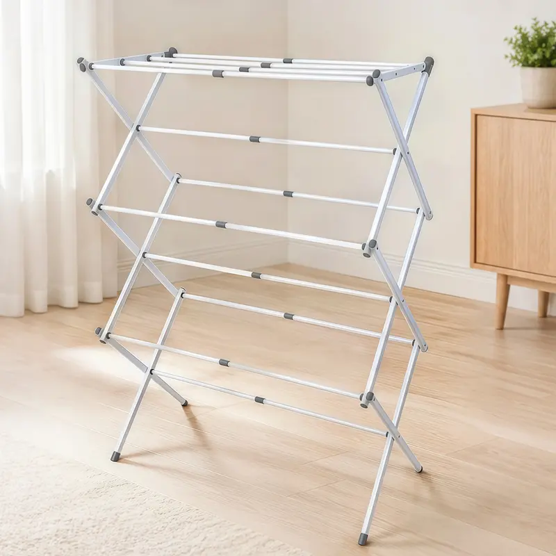 Heavy Duty Foldable Compact Multi-Use Clothes Drying Rack - White Chrome, Portable Space-Saving Universal Home Essential Laundry Accessory, Durable Metal Frame, Freestanding, Easy Mobility, Significant Amount of Clothes Capacity, Indoor-Outdoor Use