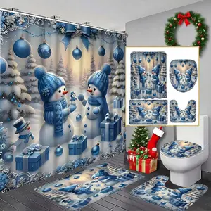 Christmas Shower Curtain Set with Blue Snowman Design, Includes Hooks, Bath Mat, Toilet Lid Cover, U-Shaped Tray, Perfect Gift, Bathroom Decoration Accessories