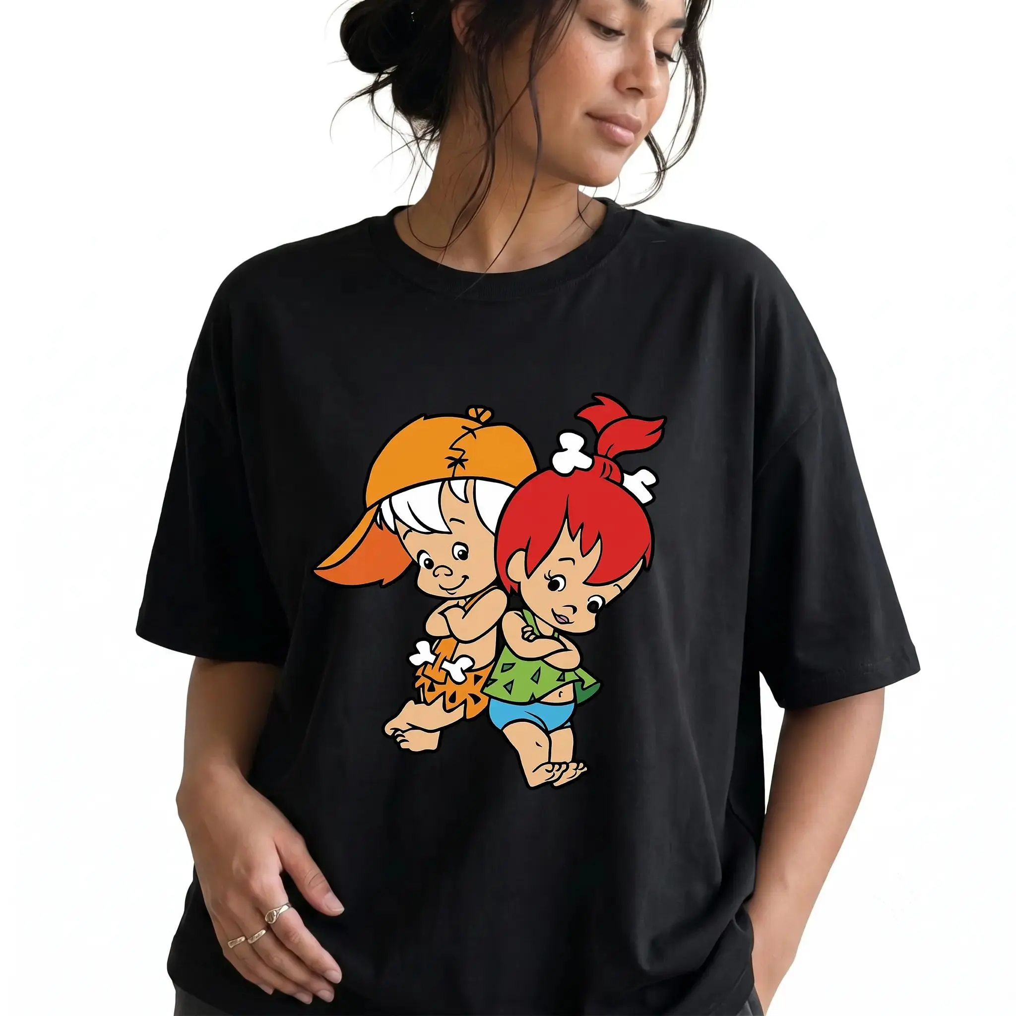 Women's 180g Black Cotton Crewneck Short Sleeve Graphic Streetwear Tshirt - Cute Cartoon Flintstones Pebbles,Bamm-Bamm Print,Trendy Casual Tops for Women's Clothes,Dry Clean Compatible