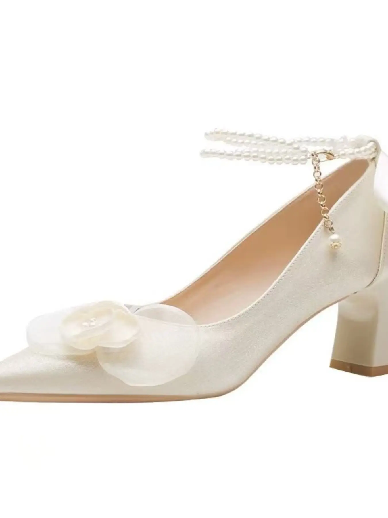 Champagne Satin Flower Pearl Wedding Shoes, Pointed Toe Chunky Heel One Strap Bridal Shoes, Elegant Bridesmaid Shoes