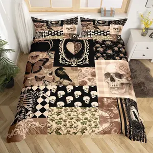 Feelyou Boho Skeleton Duvet Cover Set - Gothic Crow Moth Pattern, Black Brown Grid Gothic Patch Bedding, Polyester Fiber Multi-Size Quilt Cover, Machine Washable Vintage Hippie Style for Teens’ Room Decor,summervibes