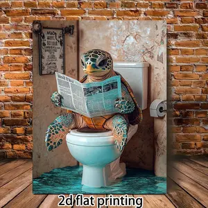 2D 1pc, Sea Turtle Reading Newspaper Canvas Wall Art, 8x15.7 inches, Rustic Wooden Frame, Oceanlife Turquoise, Contemporary Country-rustic Style, Indoor Wall Hanging Decor for Home Office, Living Room, Bedroom