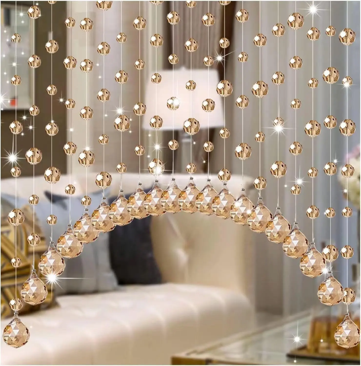 20 Strings  Beaded Curtain, Arched Door String Curtain, Hanging Doorway Room Divider Suitable for , Coffee House, Bedroom, Restaurant. (Chamgagne)