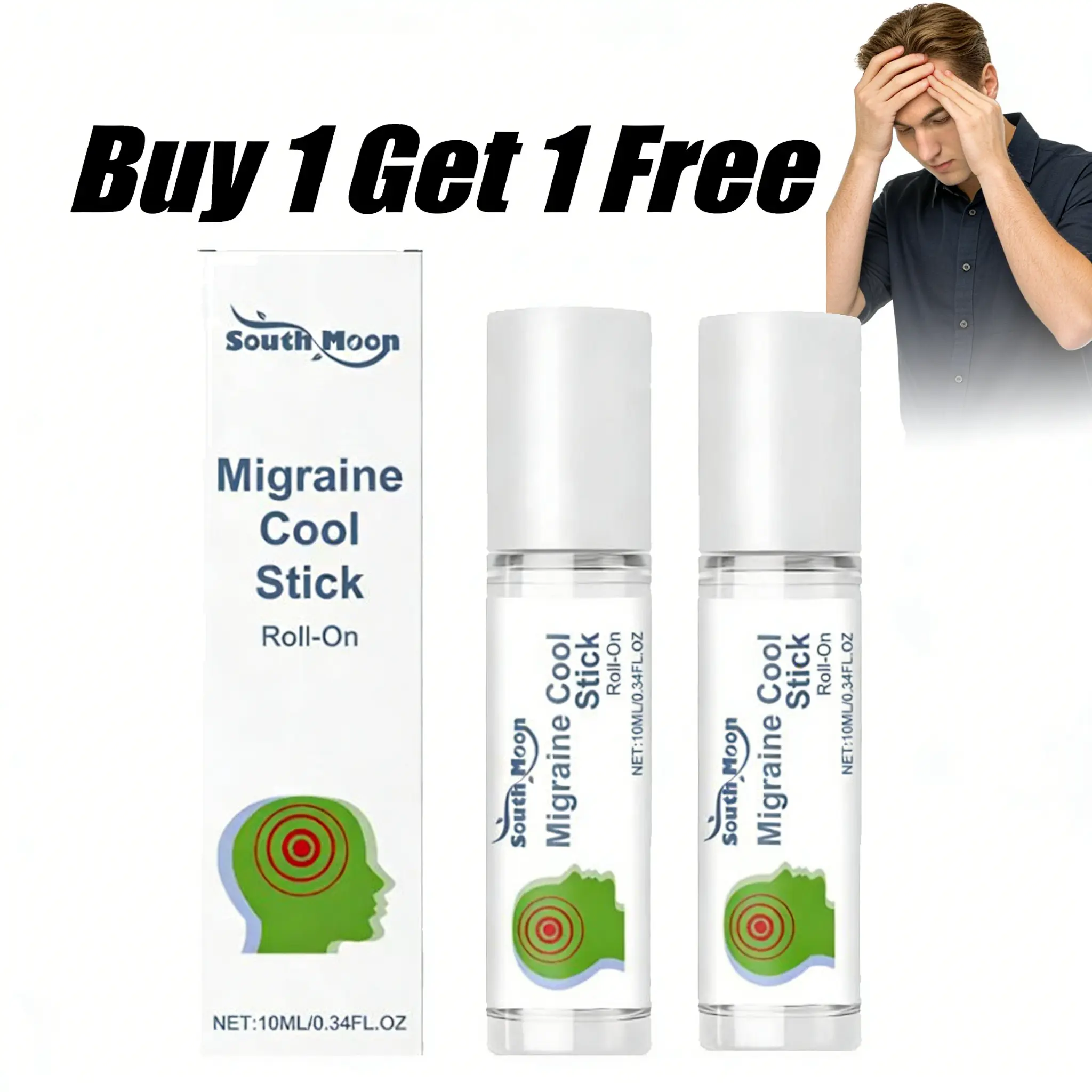 Migraine Relief Roll-On with Peppermint, Lavender, Spearmint Oils - Therapeutic Aromatherapy Cooling Solution for Headache & Vertigo, 10ml Buy 1 Get 1 Free Body & Massage Oil, Buy 1 Get 1 Free Product
