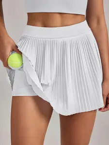 Women's Solid Color Pleated Tennis Shorts, Casual High Waist Shorts, Suitable for Running, Indoor and Outdoor Wear, Tennis Skort, Sporty Breathable Skorts, Athletic Skort, Active Skort Skirt