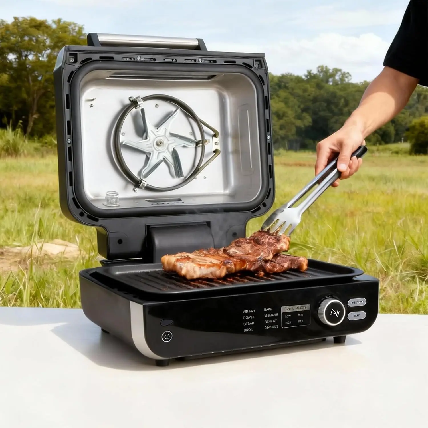 8-in-1 Air Fryer Grill Indoor Outdoor, Multifunction Electric Grill for Air Fry, Bake, Roast, Steak & Dehydrate, Non-Stick with Fry Basket