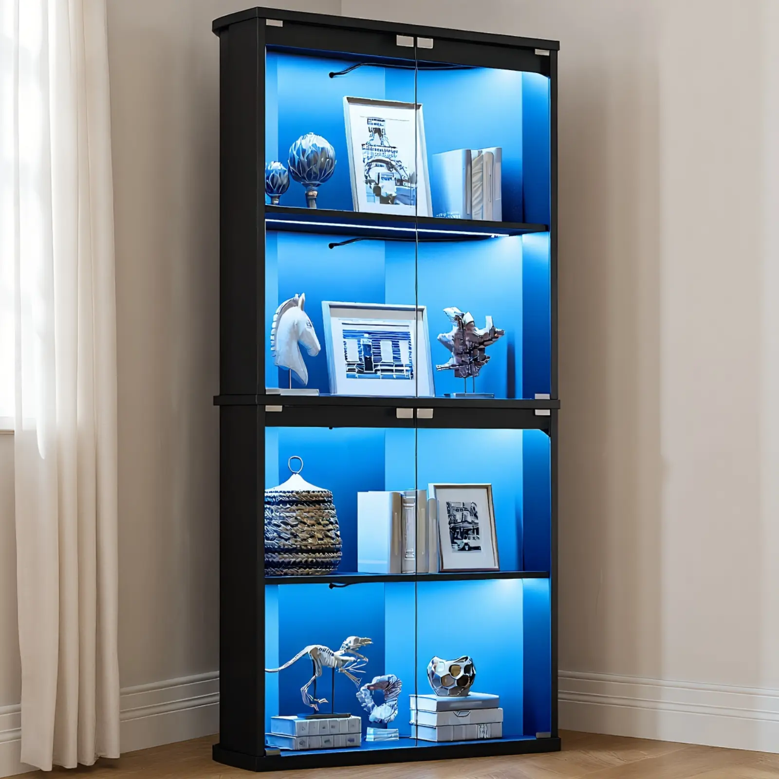 62" Modern Corner Display Cabinet - 4-Tier Glass Door Curio with 7-Color LED Lighting Solutions, Human Body Sensor for Collectibles Storage (Black, Display Shelf Glass Cabinets)
