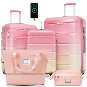 Luggage Sets 5 Piece, 20-inch with USB Port, ABS Durable Suitcase with Travel Bag, ABS+PC Hard Shell Luggage with Spinner Wheels, pink