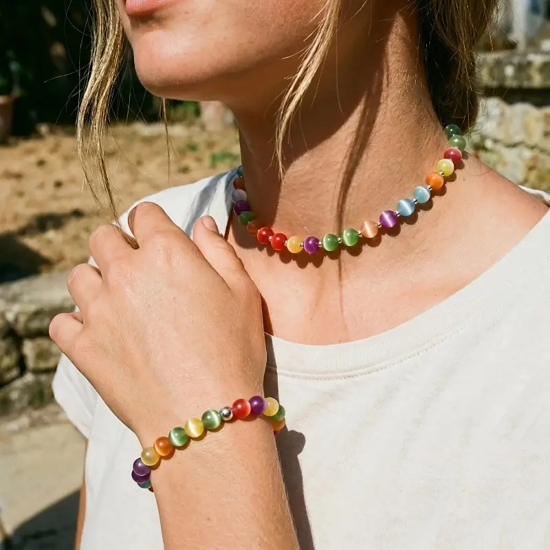 Artistic Women's Matching Sets, 2-Piece Necklace and Bracelet Set with Rainbow Beads and Animal Charms, Adjustable for Daily Wear, Necklaces For Women, Adjustable Size, Colorful, Artistic Jewelry Sets
