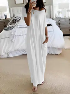 Women's Comfortable Loose-Fit Short Sleeve Nightgown, Basic Casual Home Wear Loungewear for All Seasons, Soft Round Neck Sleepwear with Batwing Sleeves
