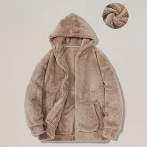 Autumn And Winter Faux Lamb Wool Hooded Sweatshirt Fashion Warm Fluffy Jacket Unisex Casual Thick Zip Up Coats for Men and Women