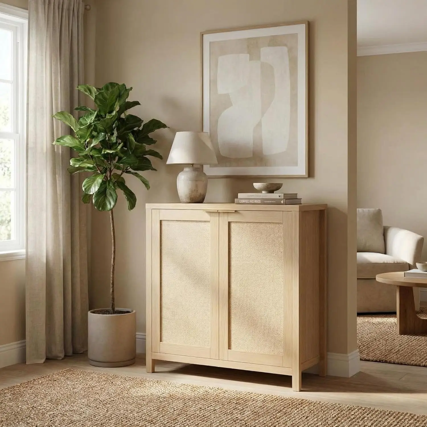 Rattan 2-Door Entryway Storage Cabinet, 34" Narrow Sideboard Buffet Credenza with Adjustable Shelves, Particleboard Coffee Bar Console Table for Hallway, Kitchen, Living Room