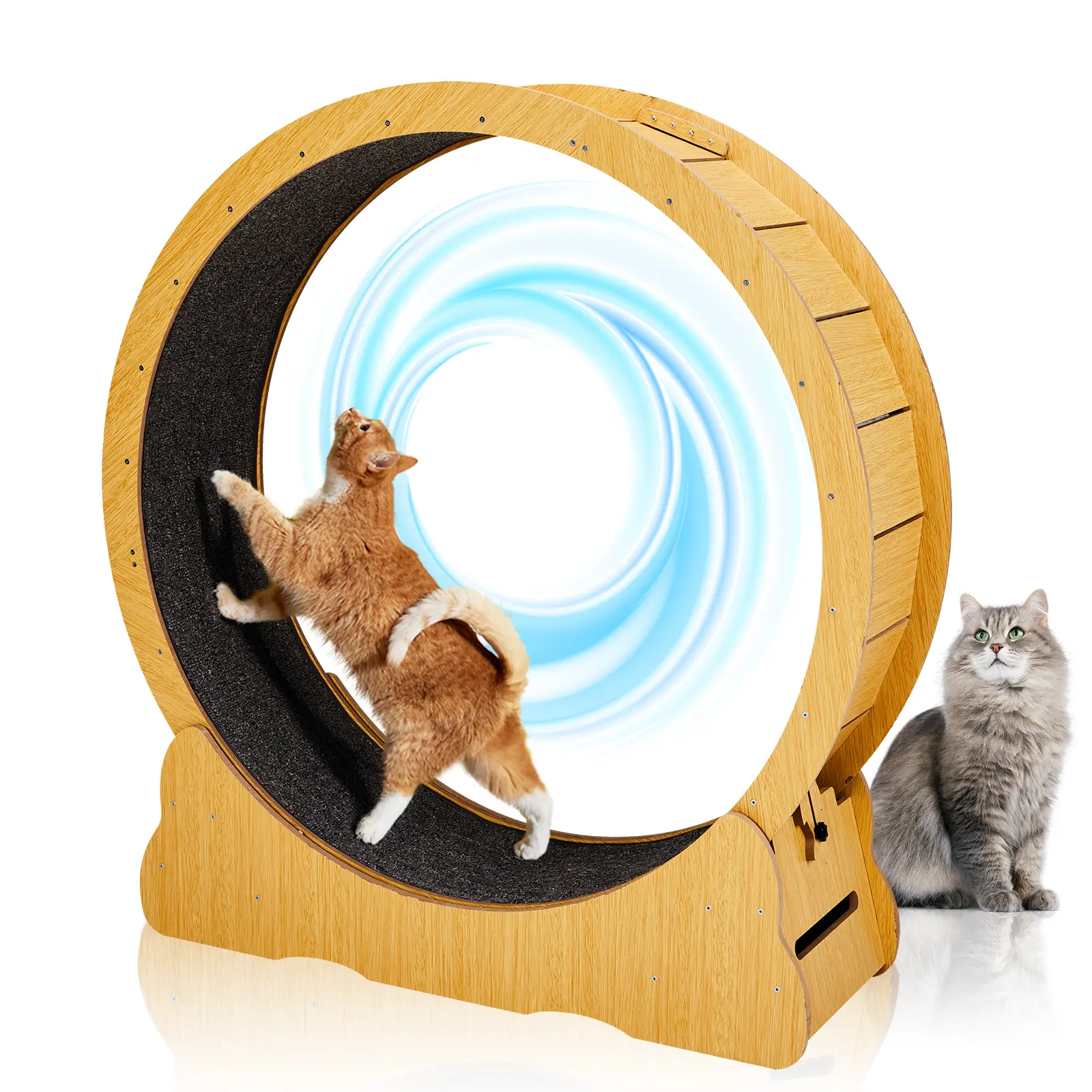 Cat Wheel Exerciser for Indoor Cats, 43.3-inch Large Cat Exercise Wheel for Running Silent, Cat Treadmill with Safety Lock for Cat's Fitness and Health, carpet runway, Natural Wood