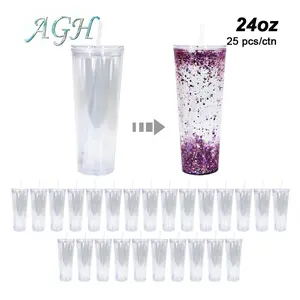 USA 12/25pcs 16/24oz double walled Plastic Cups Double Wall Clear BPA Free Acrylic Tumblers with Pre Drilled Hole Plug for Cold Coffee DIY glitter Wholesale