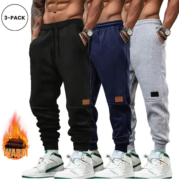 Men's 3-Pack Fleece-Lined Warm Jogger Pants - Fashion Activewear, Autumn Winter Athletic Casual Knit Trousers (Black, Blue, Light Gray) Menswear Sweatpant Pocket Operator