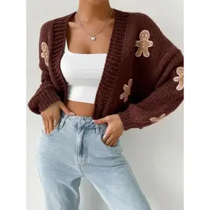 Women's Christmas Gingerbread Man Embroidered Cardigan with Drop Shoulder, Cozy Cropped Knit Wrap for Holiday Season Knitwear Womenswear
