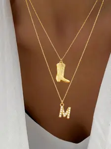 Women's Western Cowboy Boots Zirconia Initial Letter Unique Pendant Necklace Set, Vintage Stainless Steel Chain Multi-Layer Jewelry Zirconia Pendants