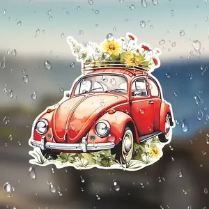 Cute Hippie Happy Stickers for Volkswagen Beetle, Floral Design Decals, Fun Car Accessories, Decorative Stickers for Vw Fans, Windshield Sticker