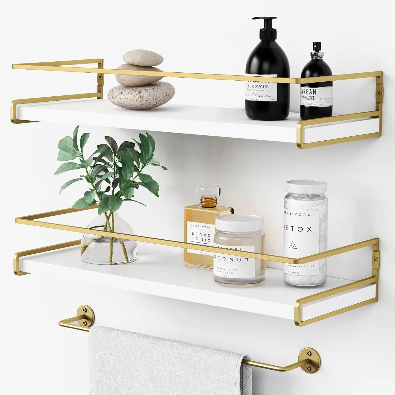 Set of 2 Floating Bathroom Shelves – White and Gold Wall-Mounted Shelves with Tower Bar for Modern Bathroom Organizer, Aesthetic Storage Solution for Small Spaces and Wall Decor