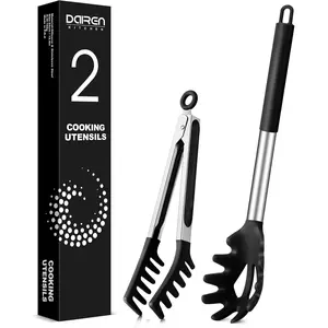 Non-Stick Silicone Spaghetti Spoon and Pasta Tongs with Teeth, Stainless Steel Handle Food Clip for Spaghetti Noodles (Black)
