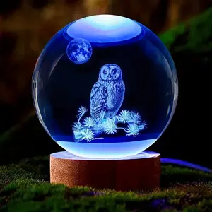 3D Owl Crystal Ball Colorful Laser Engraved Night Light, Holiday Gift for Friends Colleagues Wife Parents, Home Decor Glow Lamp Decorative Night Light