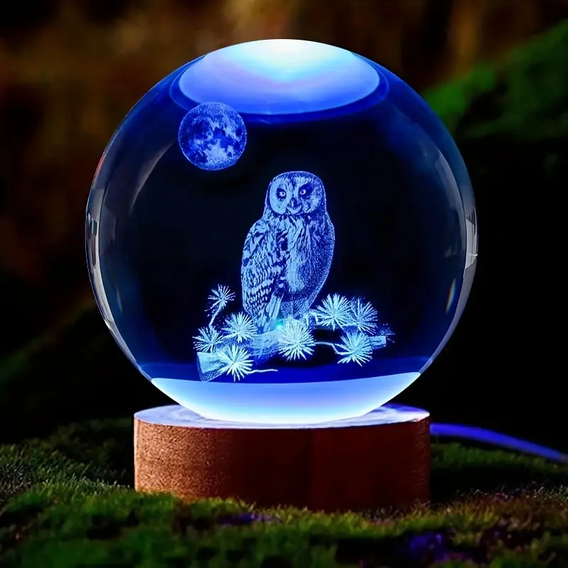 3D Owl Crystal Ball Colorful Laser Engraved Night Light, Holiday Gift for Friends Colleagues Wife Parents, Home Decor Glow Lamp Decorative Night Light, Home Lighting