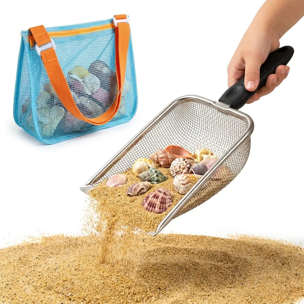 Beach Mesh Shovel with Mesh Beach Bag for Shell Collecting Gift Set, Kids Filter Sand Scooper for Picking Up Shells, Shark Tooth Sifter Dipper for Boys and Girls, Toy Gift teenage